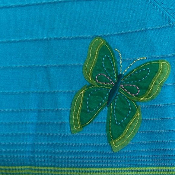 New HUME 3/4-slv TURQUOISE LIME SWEATER Applique Embroidered BUTTERFLIES * M - Picture 9 of 11